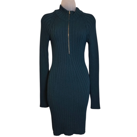 Pilcro Quarter Zip Sweater Dress Ribbed Knit Blue Green Medium Anthropologie - Picture 3 of 9